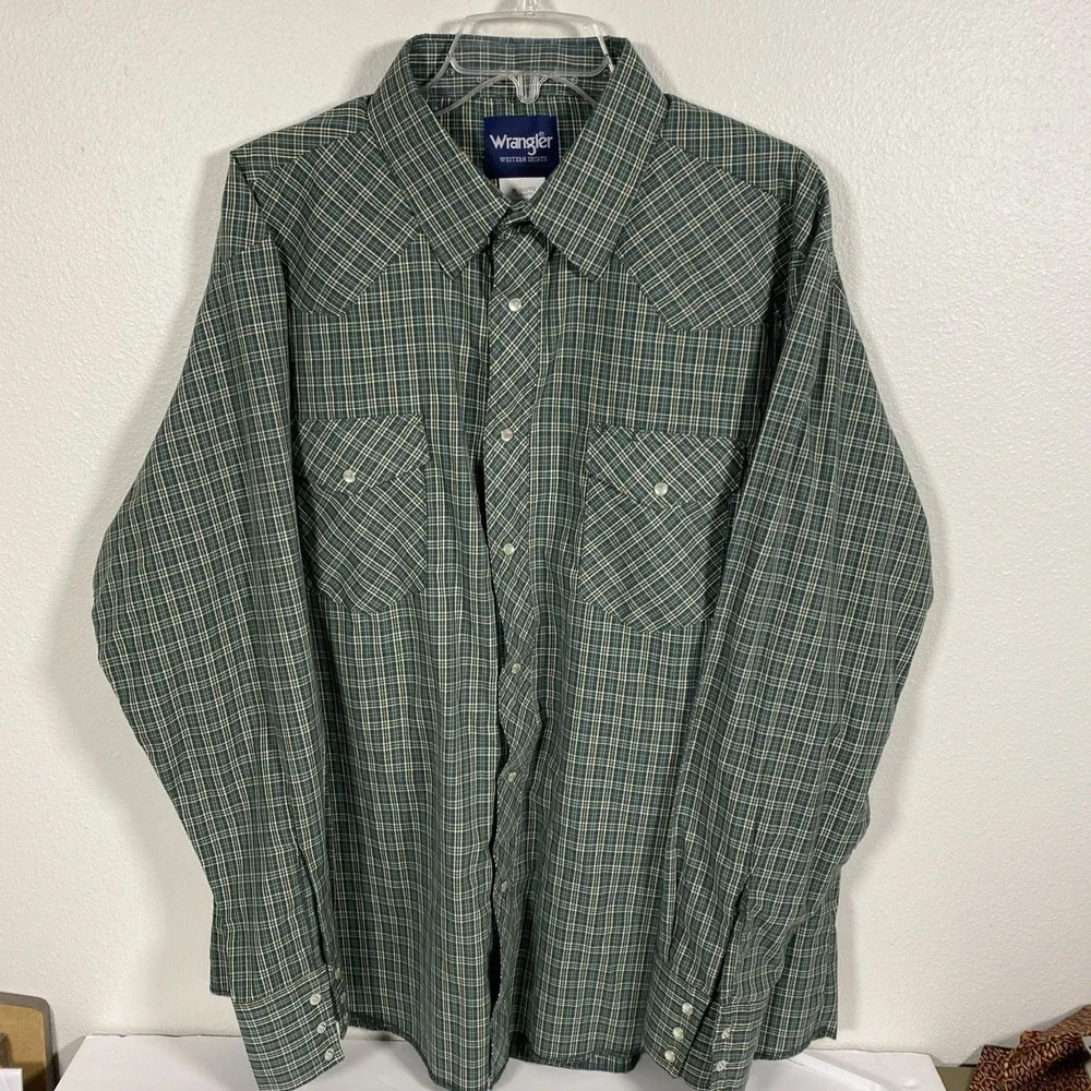 Wrangler Pearl Snap Shirt Mens XL Green Plaid L/S Western Cowboy Rodeo W1 - Picture 2 of 6